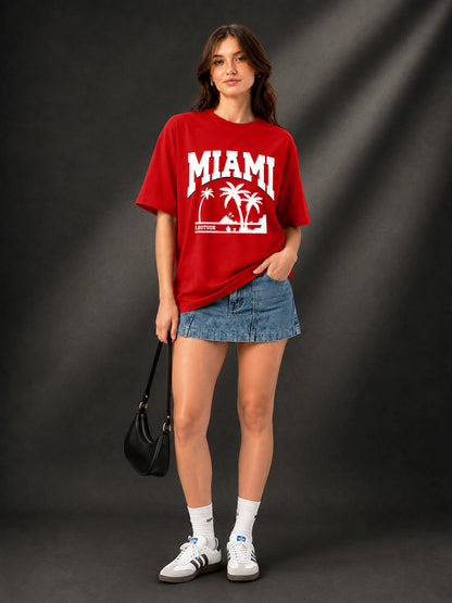 Leotude Red Miami Printed Oversized Tshirt for Women