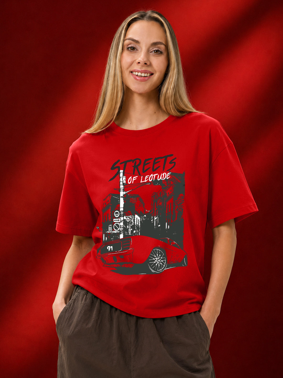 Leotude Red Streets Printed Oversized Tshirt for Women