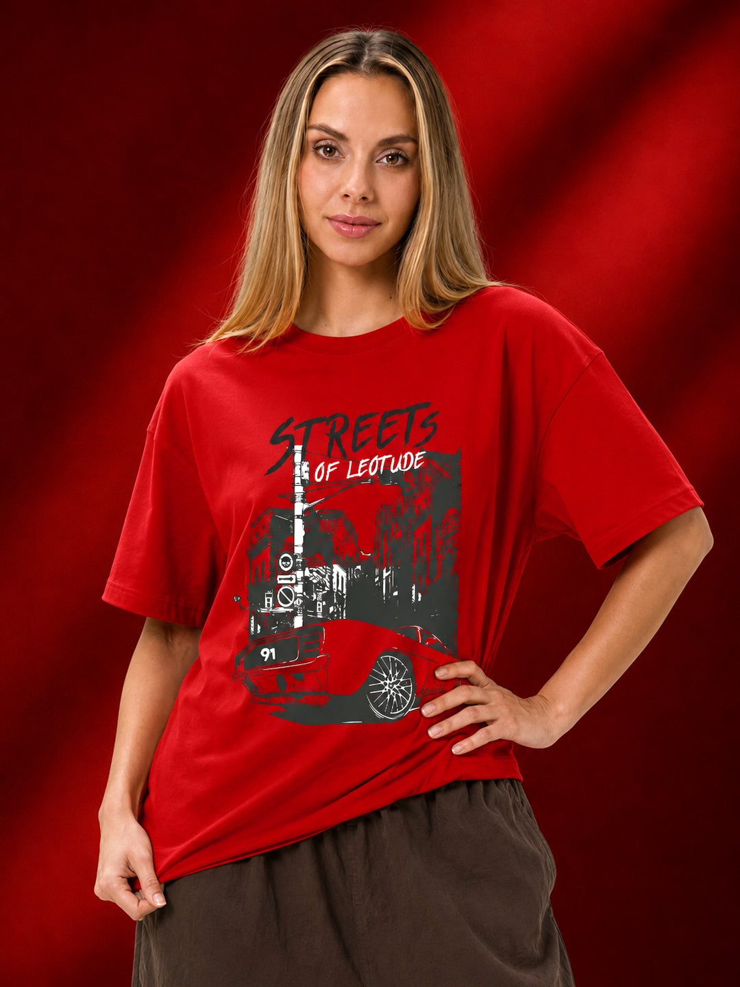 Leotude Red Streets Printed Oversized Tshirt for Women