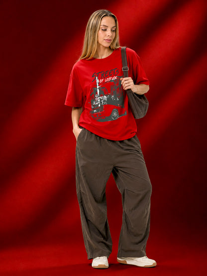 Leotude Red Streets Printed Oversized Tshirt for Women