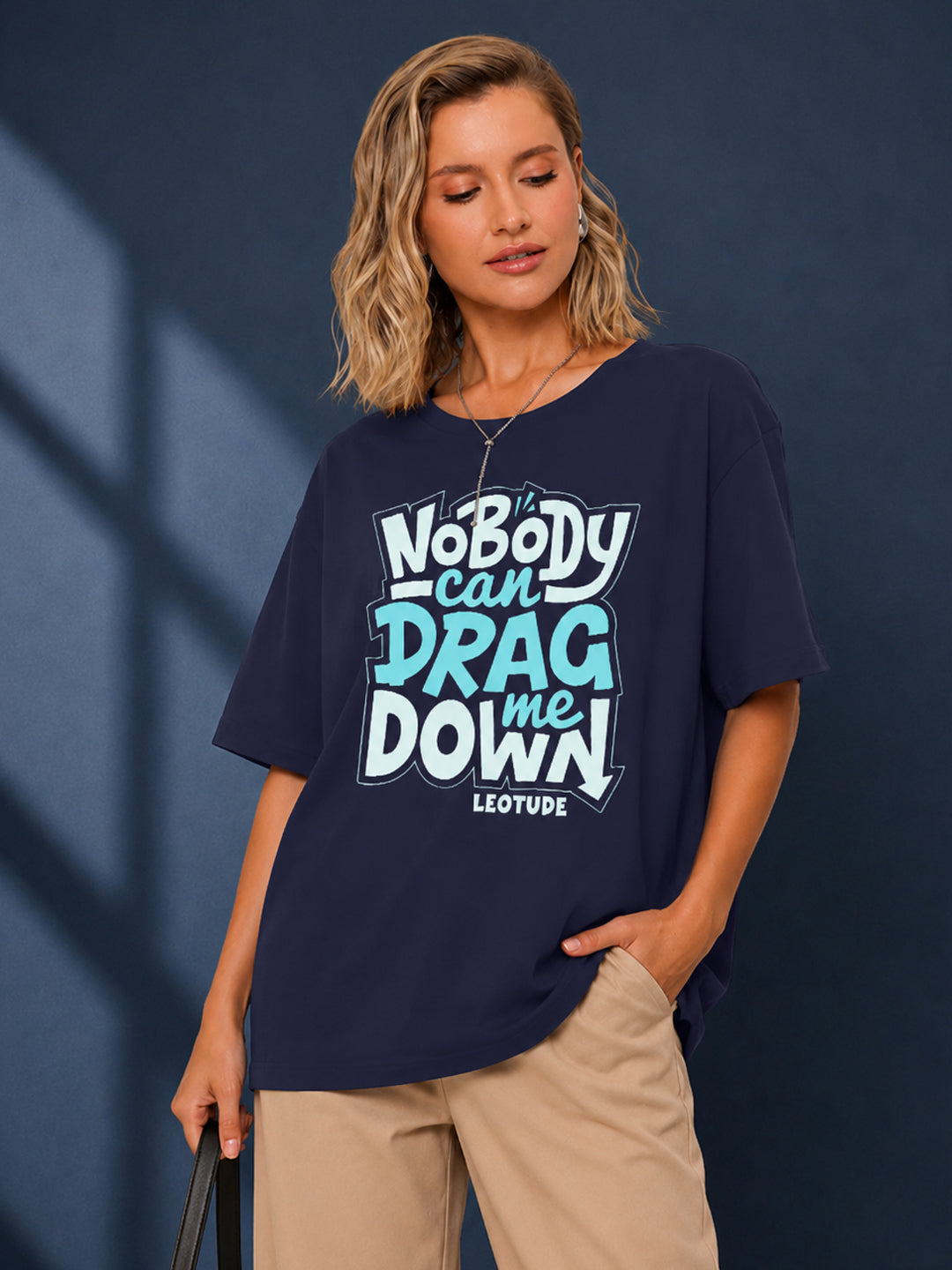 Leotude Navy Nobody Printed Oversized Tshirt for Women