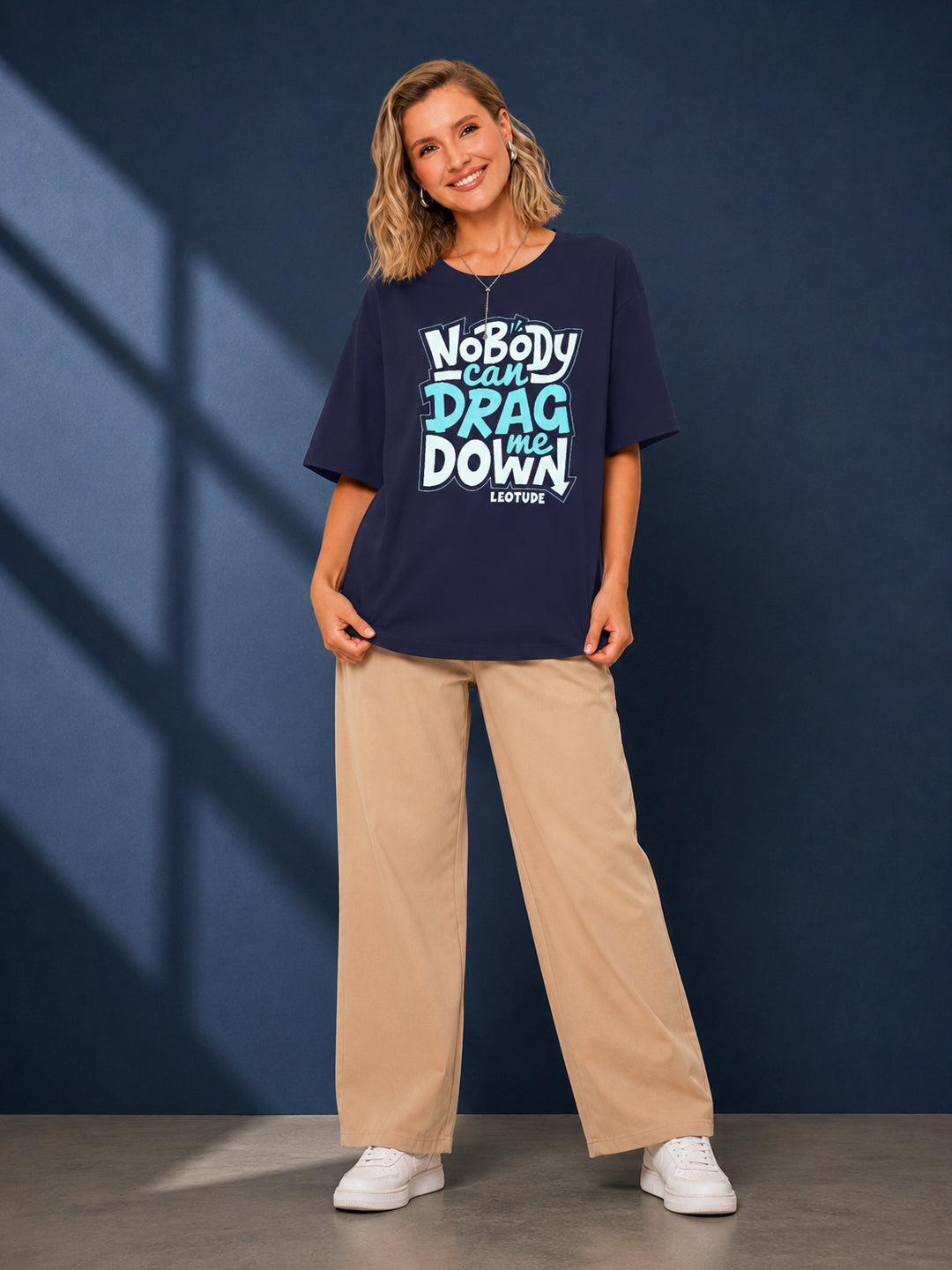Leotude Navy Nobody Printed Oversized Tshirt for Women