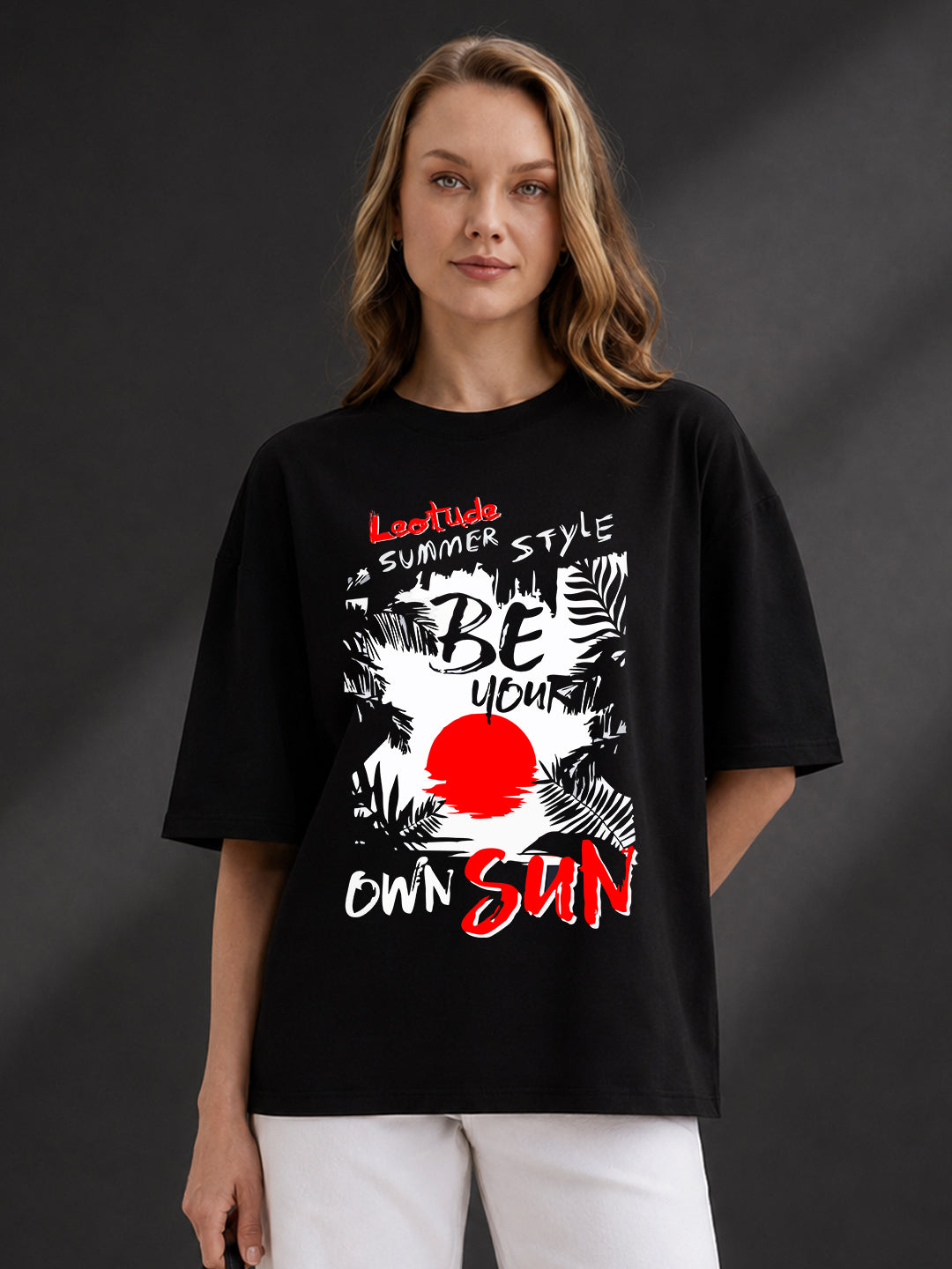 Leotude Black Sun Printed Oversized Tshirt for Women