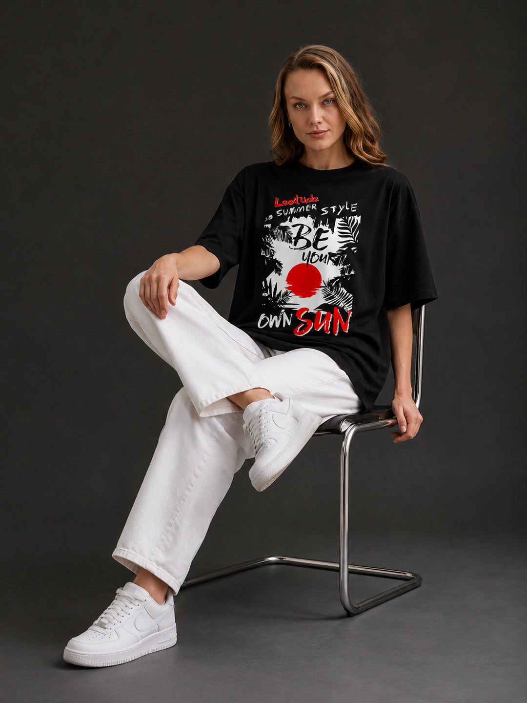 Leotude Black Sun Printed Oversized Tshirt for Women