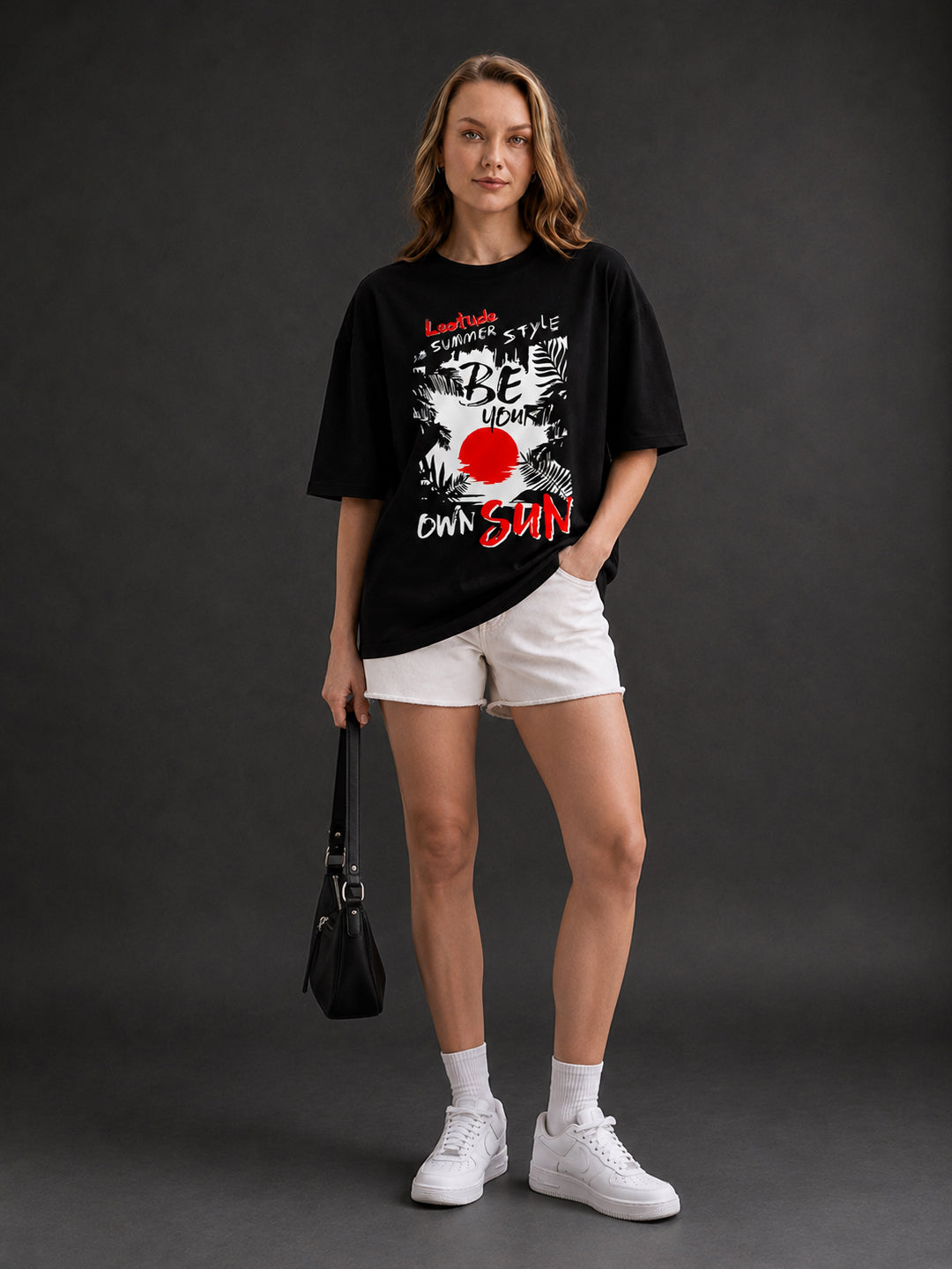 Leotude Black Sun Printed Oversized Tshirt for Women