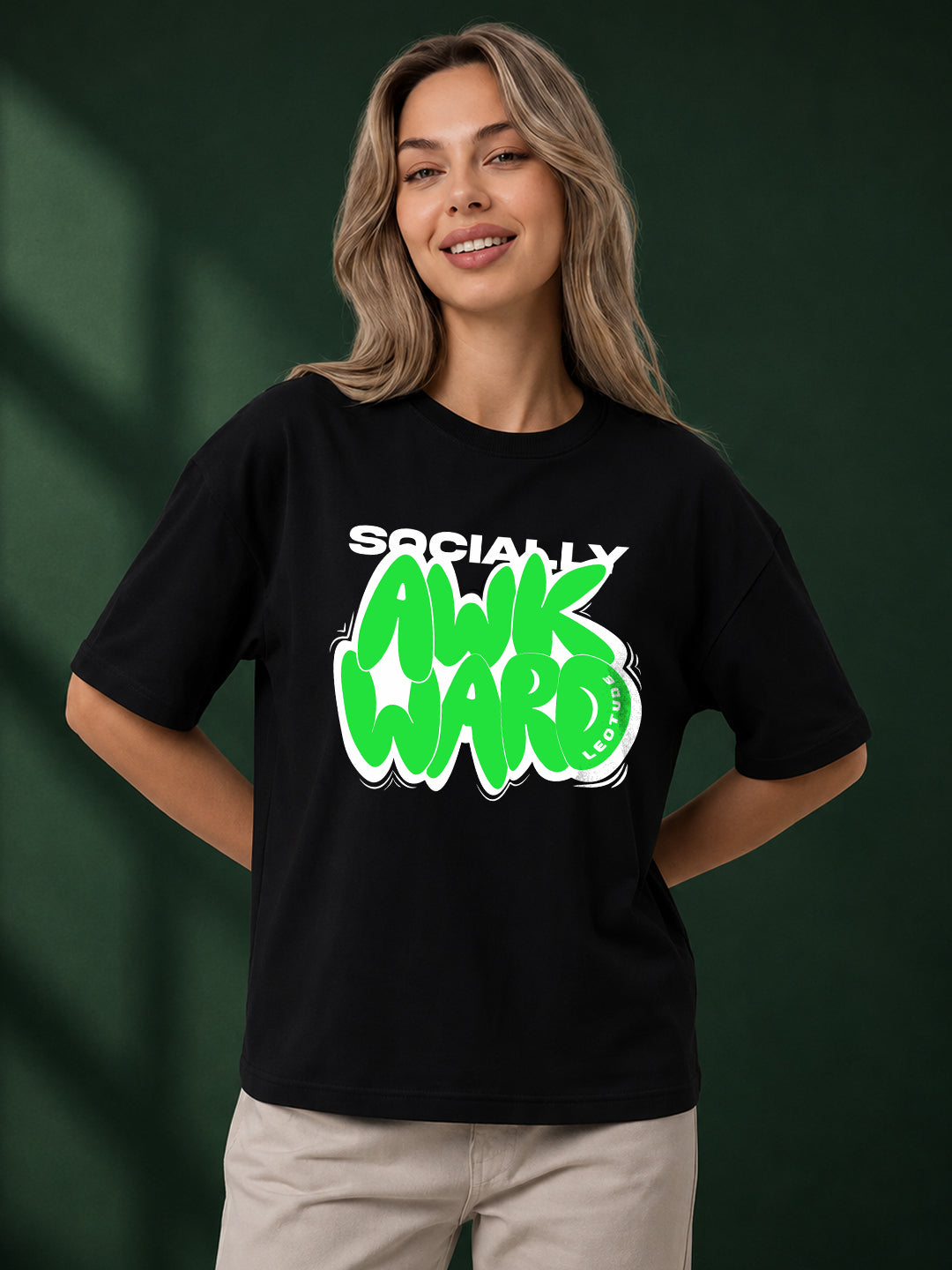 Leotude Black Socially Awkward Printed Oversized Tshirt for Women
