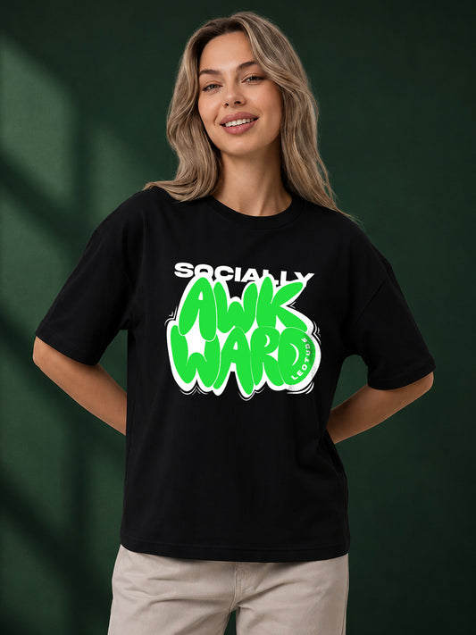 Leotude Black Socially Awkward Printed Oversized Tshirt for Women