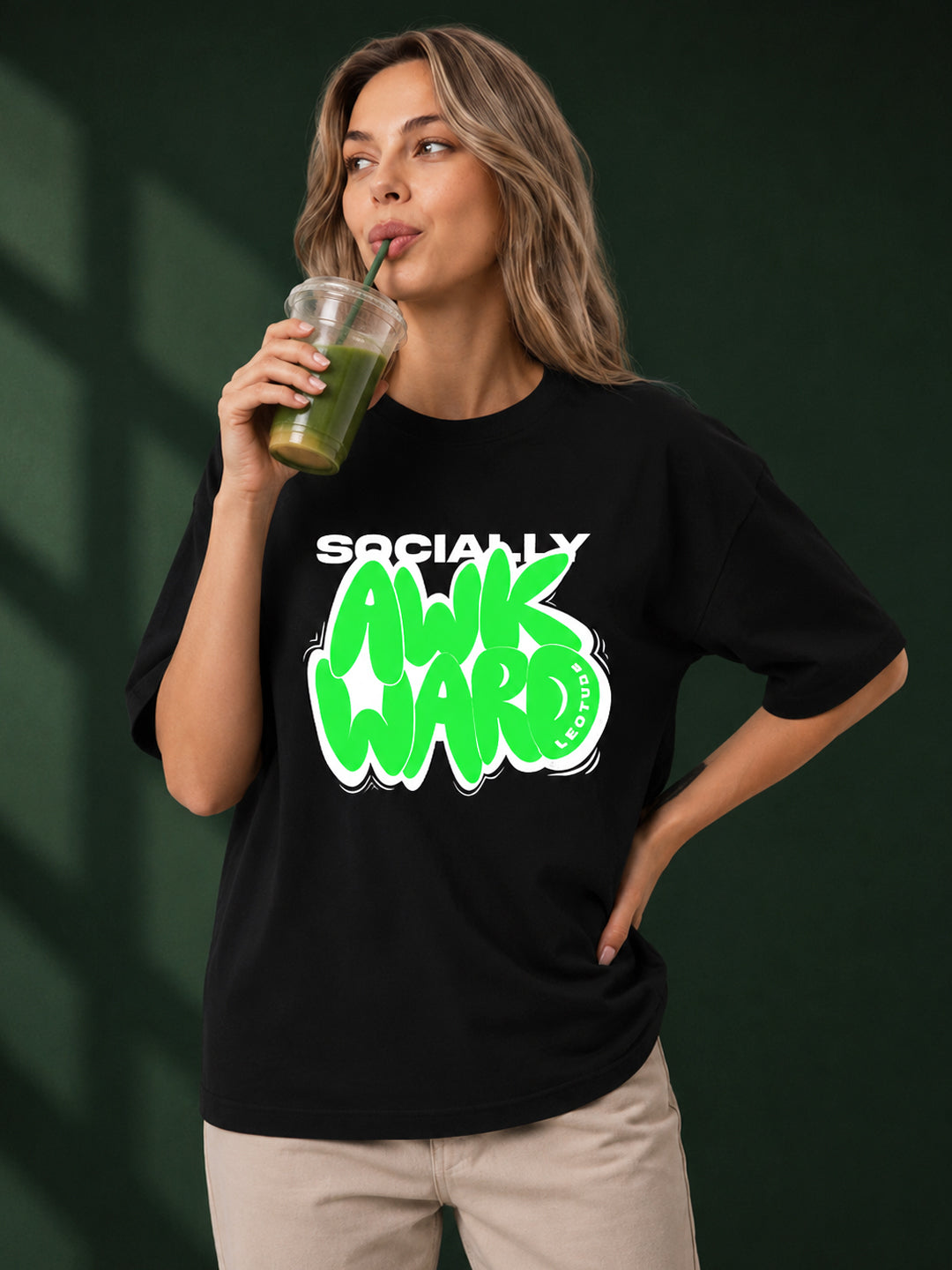 Leotude Black Socially Awkward Printed Oversized Tshirt for Women