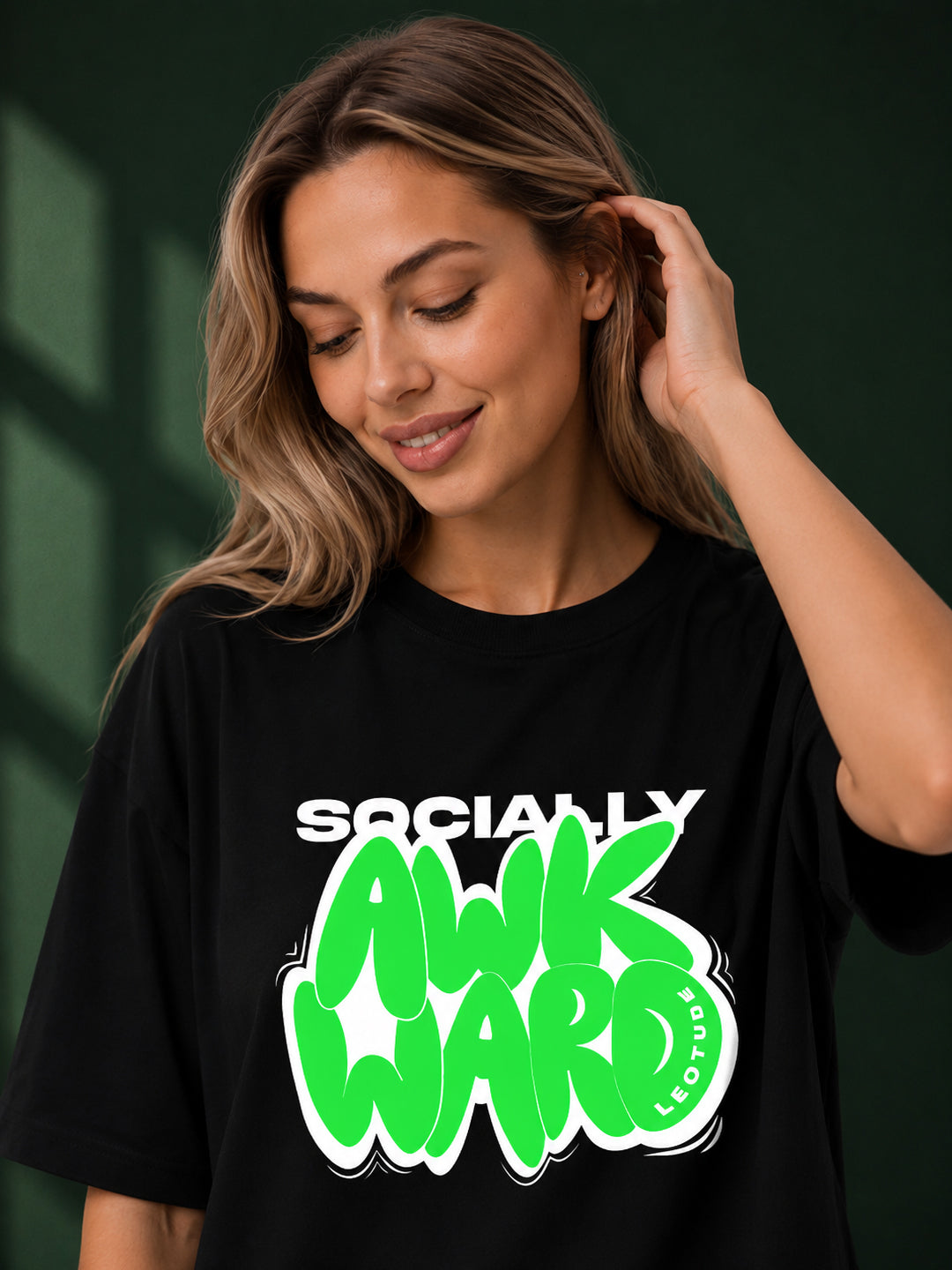 Leotude Black Socially Awkward Printed Oversized Tshirt for Women
