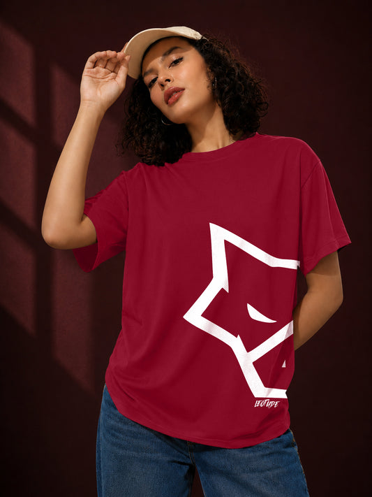 Leotude Maroon Wolf Printed Oversized Tshirt for Women