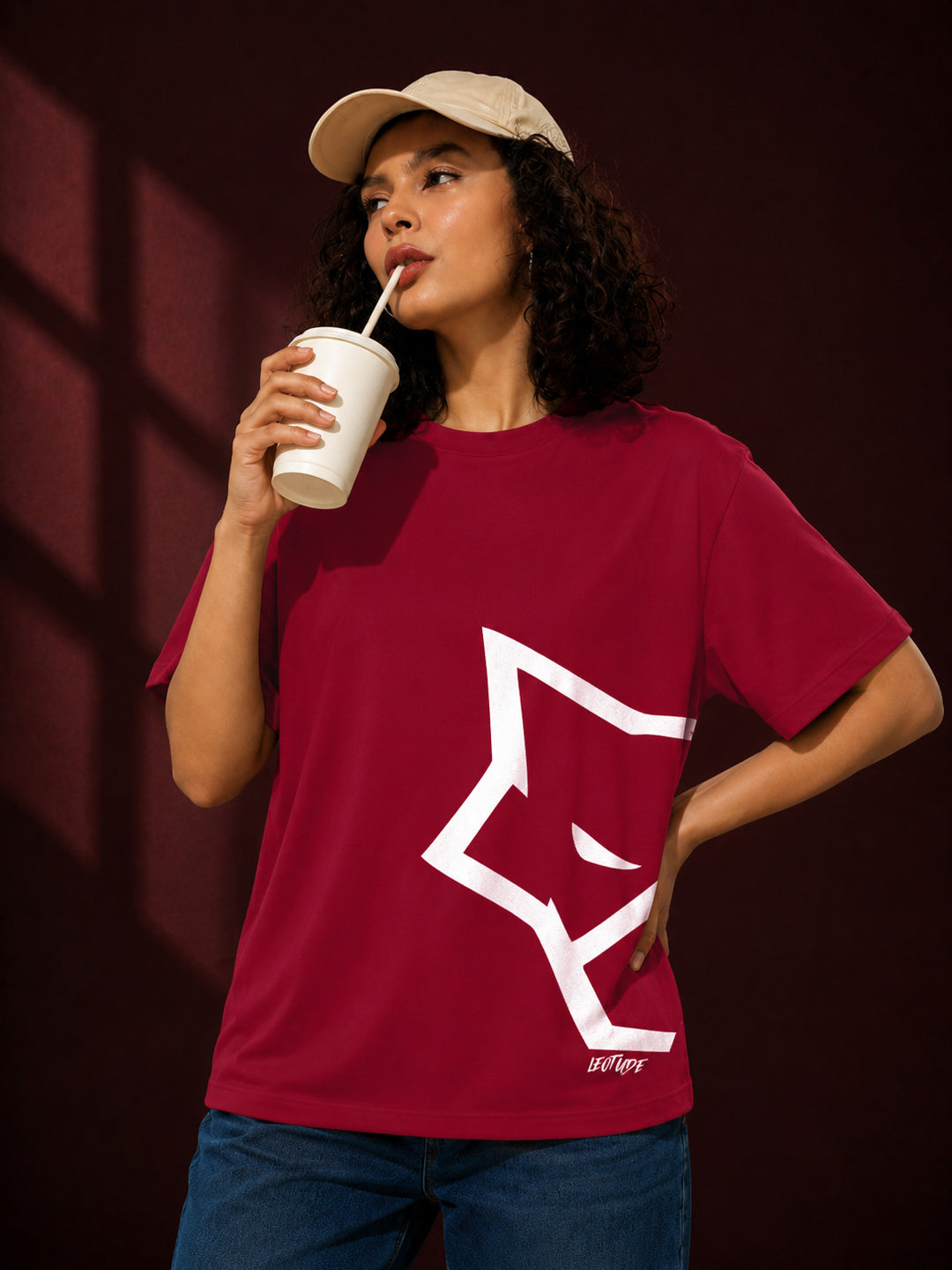 Leotude Maroon Wolf Printed Oversized Tshirt for Women