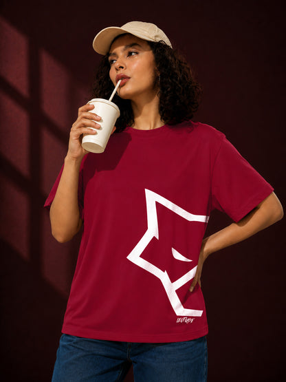 Leotude Maroon Wolf Printed Oversized Tshirt for Women