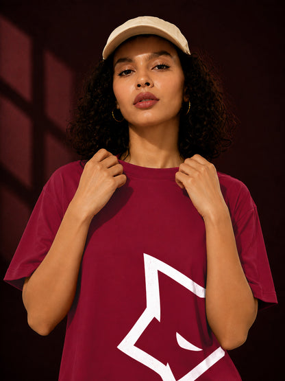 Leotude Maroon Wolf Printed Oversized Tshirt for Women