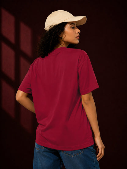 Leotude Maroon Wolf Printed Oversized Tshirt for Women