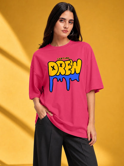 Leotude Pink Drew Printed Oversized Tshirt for Women
