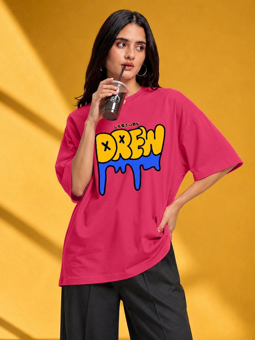 Leotude Pink Drew Printed Oversized Tshirt for Women