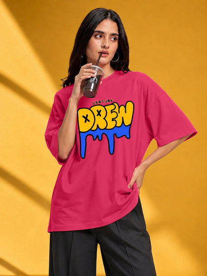 Leotude Pink Drew Printed Oversized Tshirt for Women
