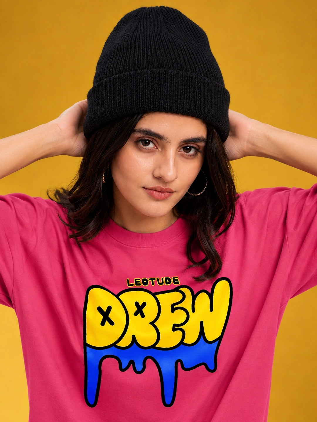 Leotude Pink Drew Printed Oversized Tshirt for Women