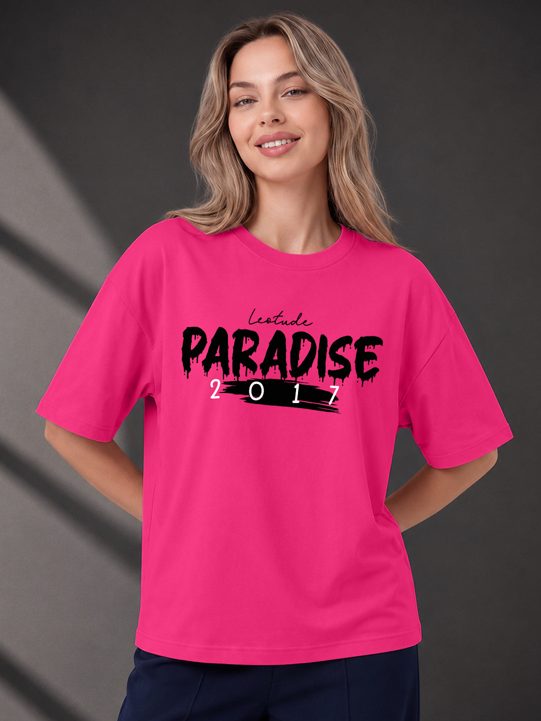 Leotude Pink Paradise Printed Oversized Tshirt for Women