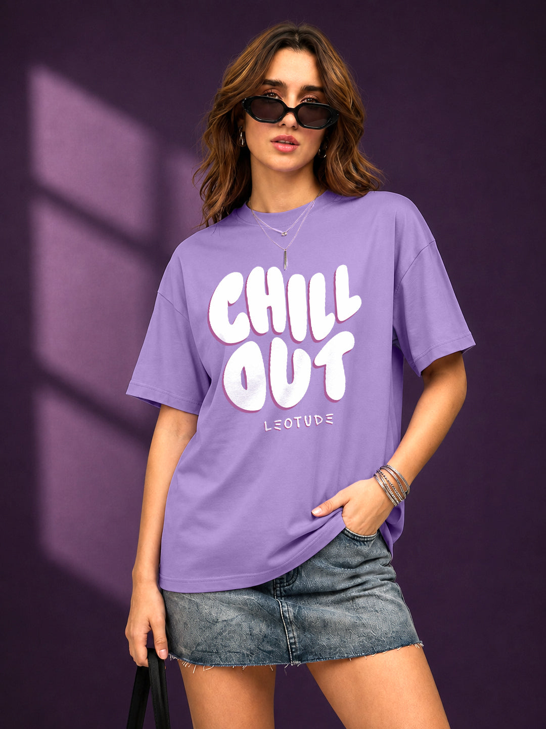 Leotude Purple Chill Out Printed Oversized Tshirt for Women