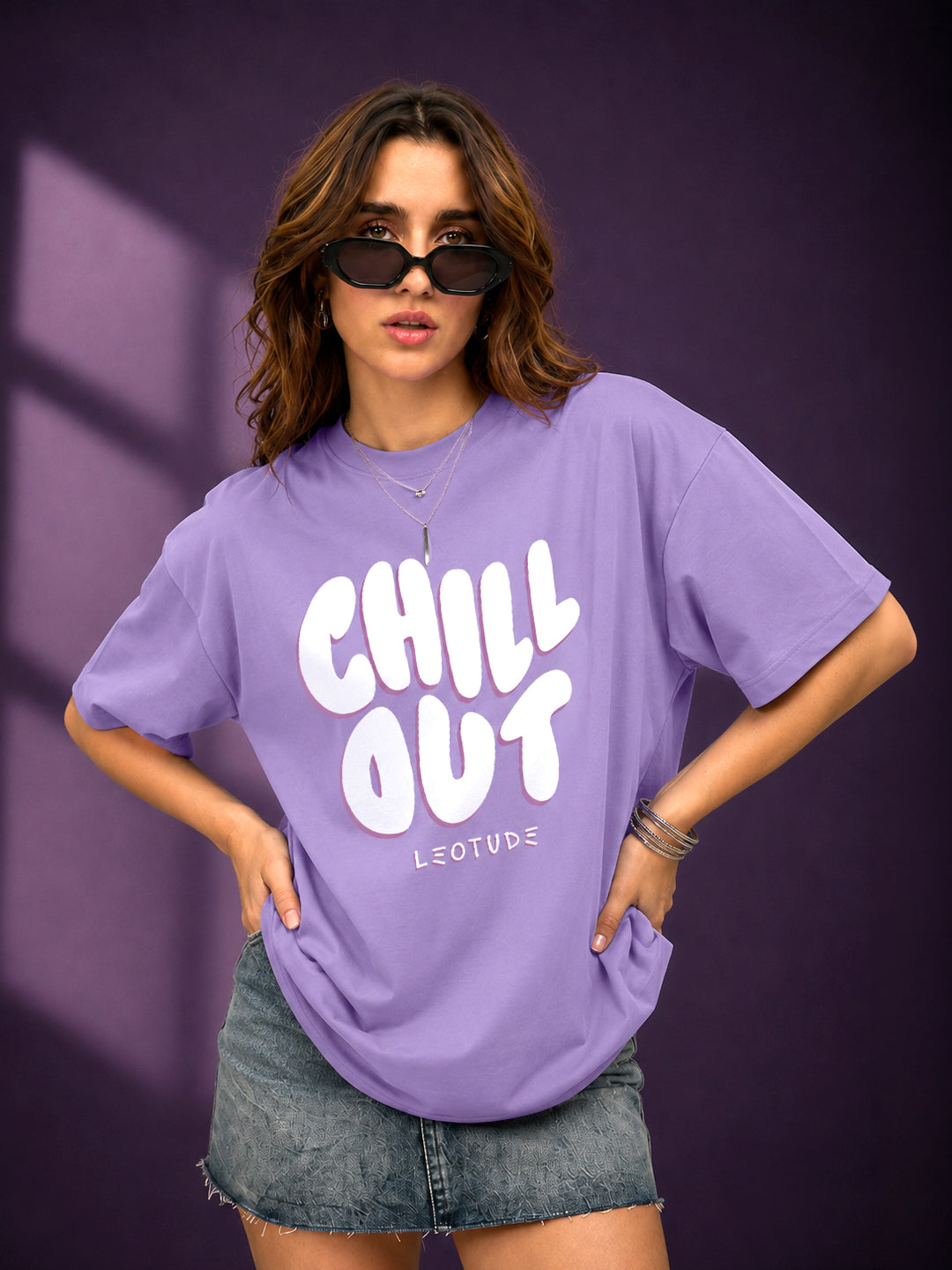 Leotude Purple Chill Out Printed Oversized Tshirt for Women