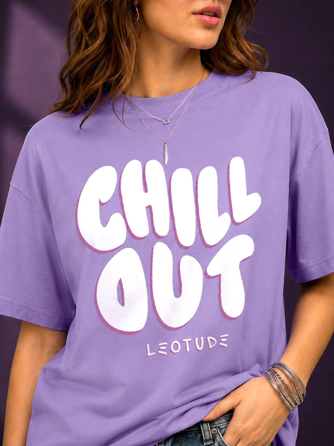 Leotude Purple Chill Out Printed Oversized Tshirt for Women