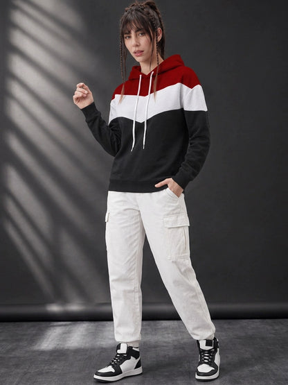Leotude Women's Maroon, White & Black Colourblocked Hooded Sweatshirt