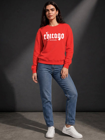 Leotude Women's Red Chicago Printed Round Neck Sweatshirt