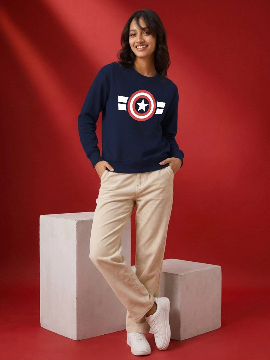 Leotude Women's Navy Blue Star Shield Graphic Printed Sweatshirt