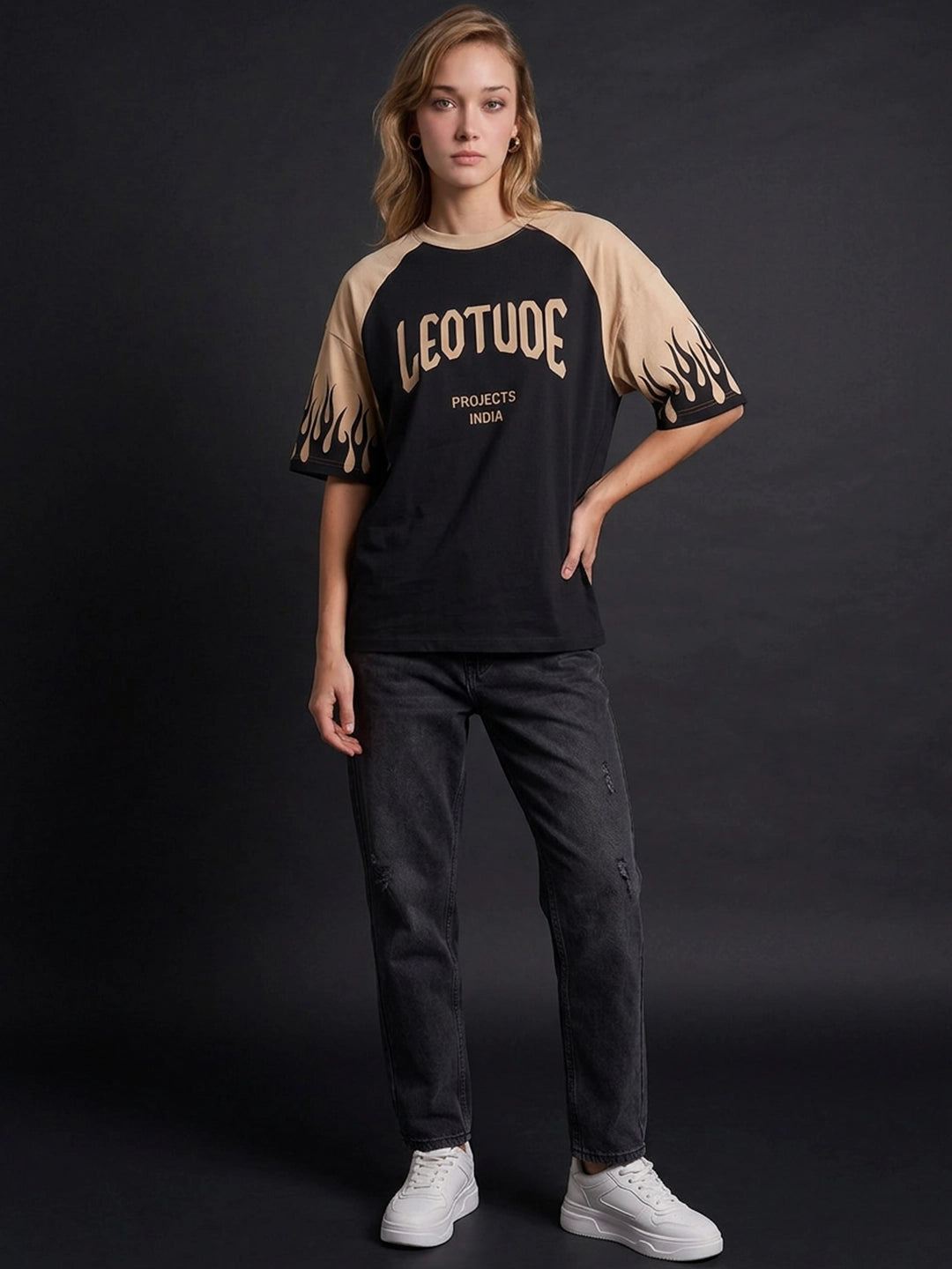 Leotude Women's Black Flame Raglan Oversized T-Shirt