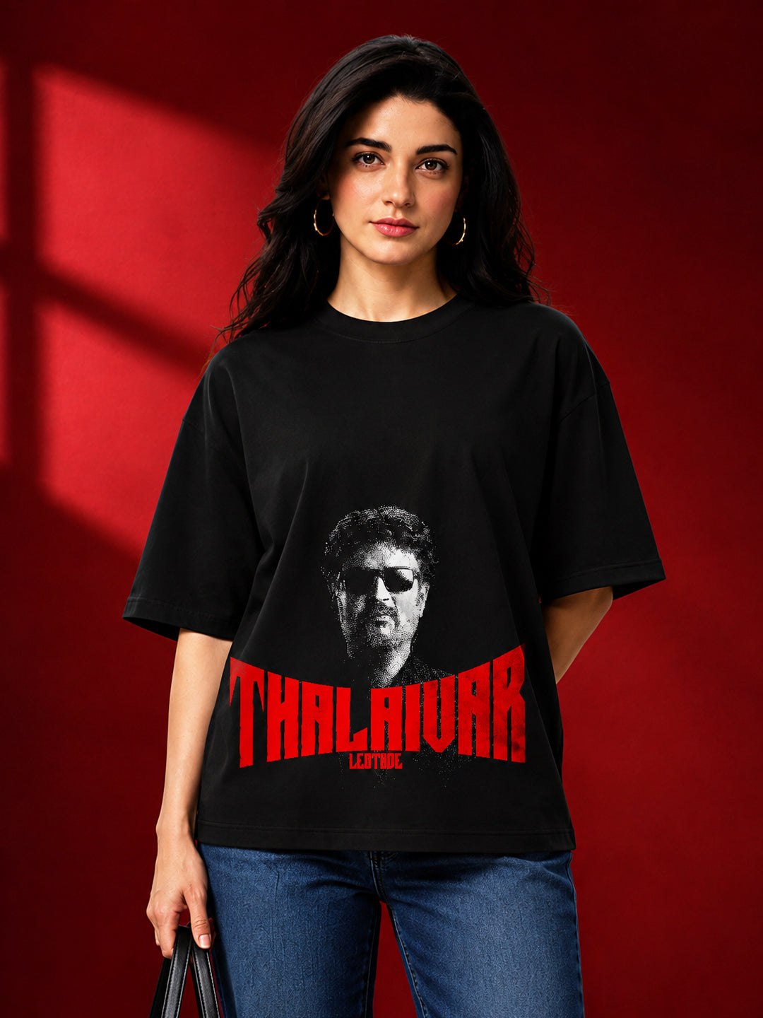 Leotude Women's Thalaiva Graphic Black Oversized T-Shirt