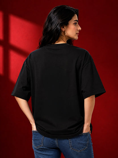 Leotude Women's Thalaiva Graphic Black Oversized T-Shirt