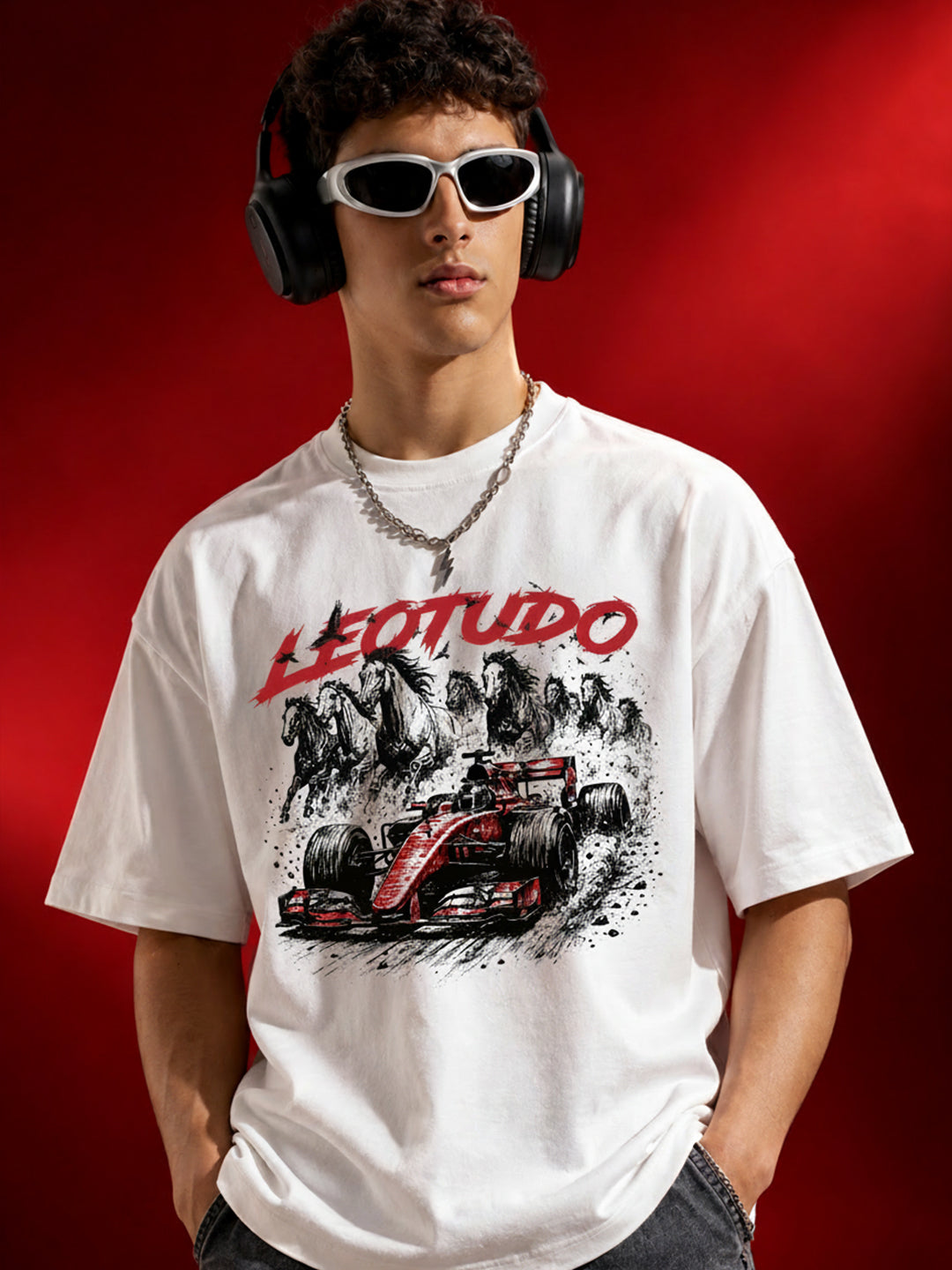 Leotude Men "Racing Stallions" White Oversized T-Shirt