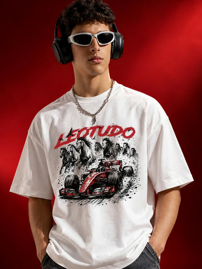 Leotude Men "Racing Stallions" White Oversized T-Shirt