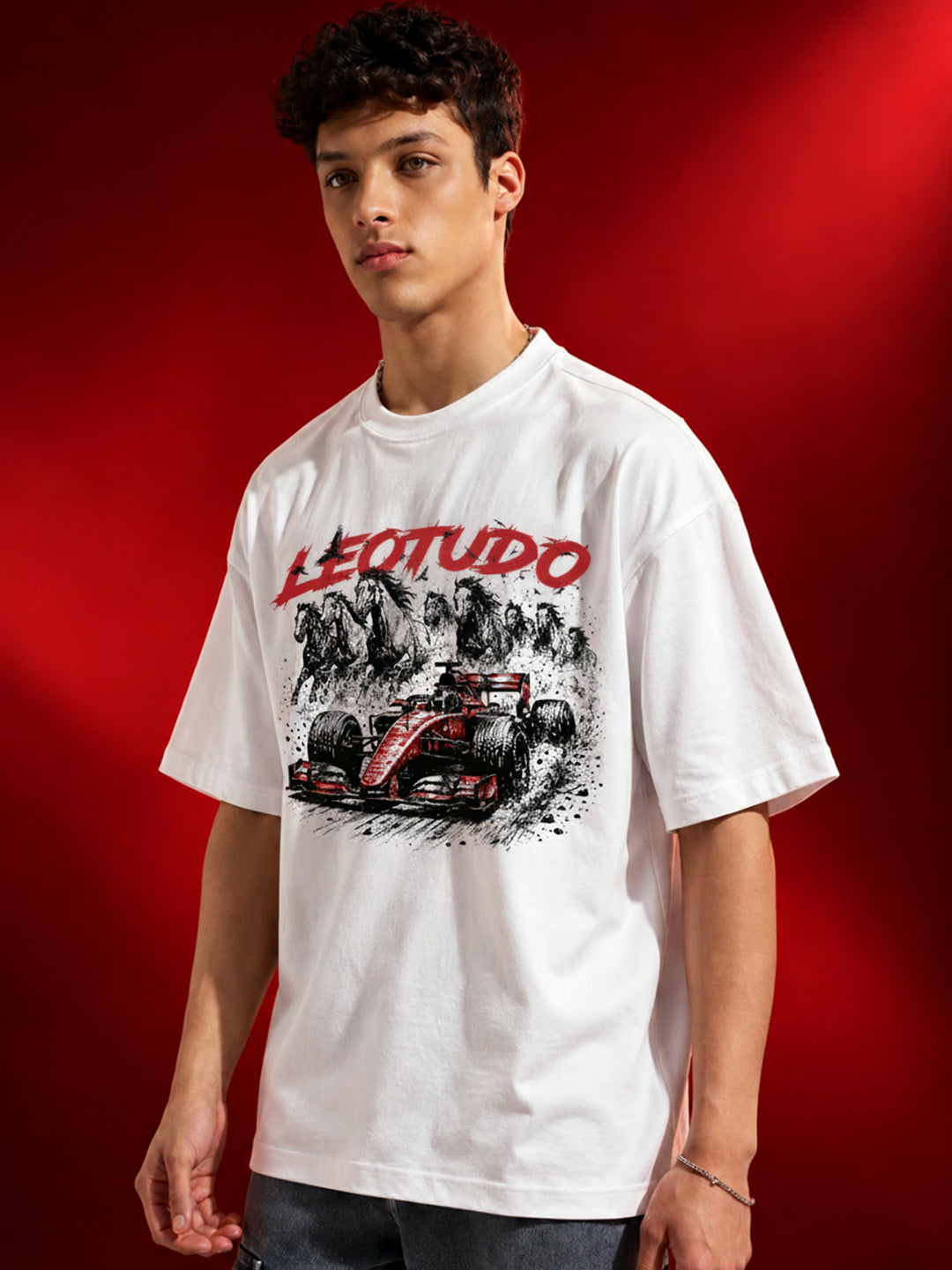 Leotude Men "Racing Stallions" White Oversized T-Shirt