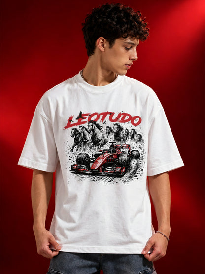 Leotude Men "Racing Stallions" White Oversized T-Shirt