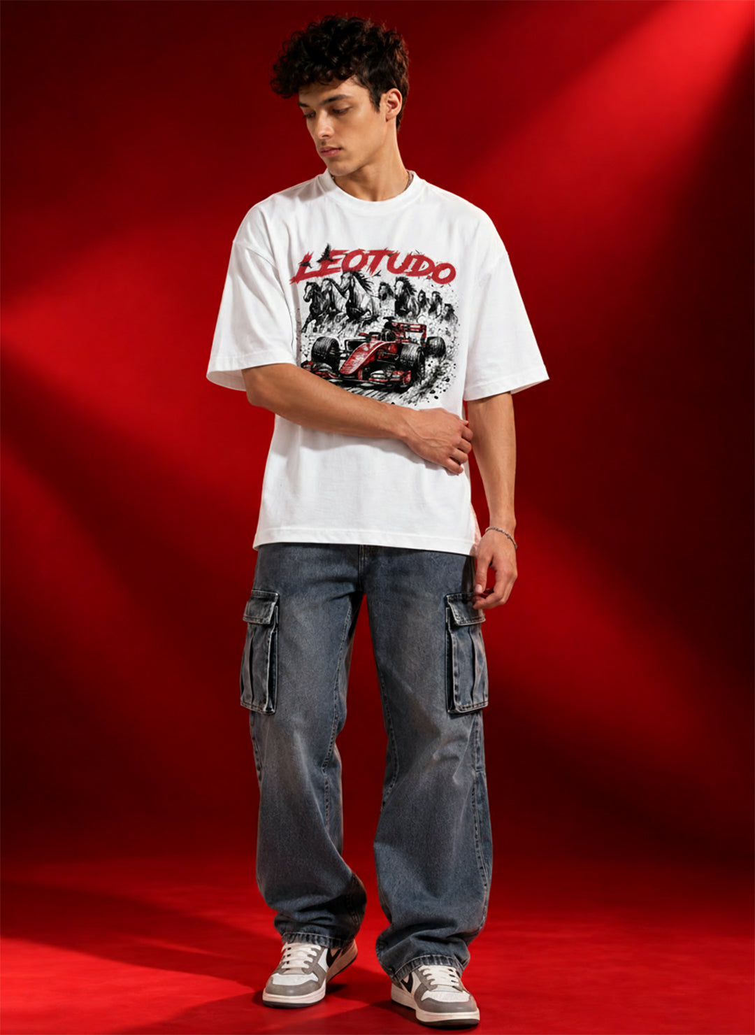 Leotude Men "Racing Stallions" White Oversized T-Shirt