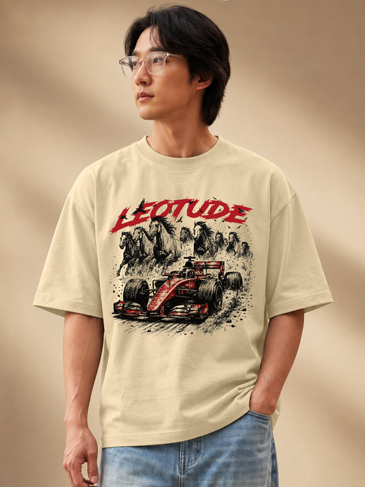 Leotude Men "Racing Stallions" Beige Oversized T-Shirt