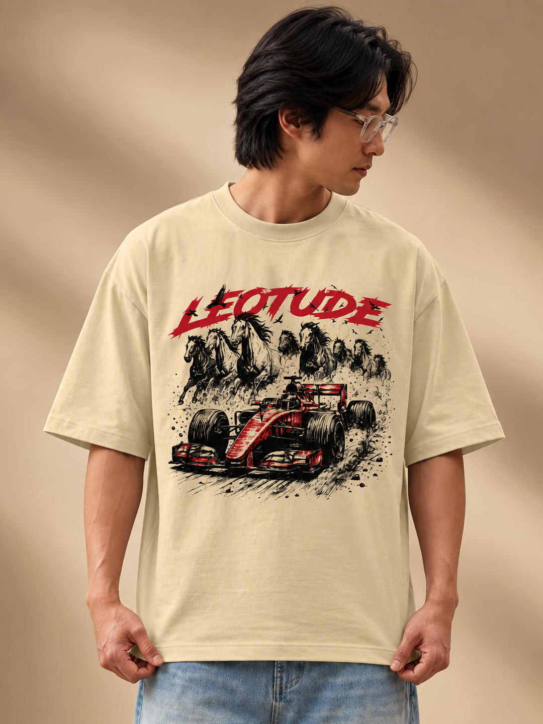 Leotude Men "Racing Stallions" Beige Oversized T-Shirt