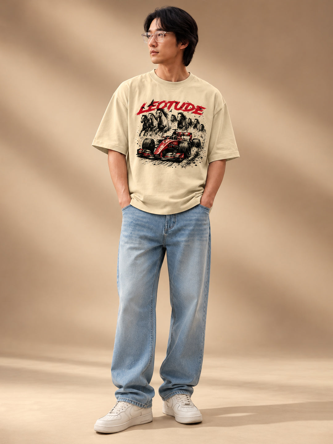 Leotude Men "Racing Stallions" Beige Oversized T-Shirt