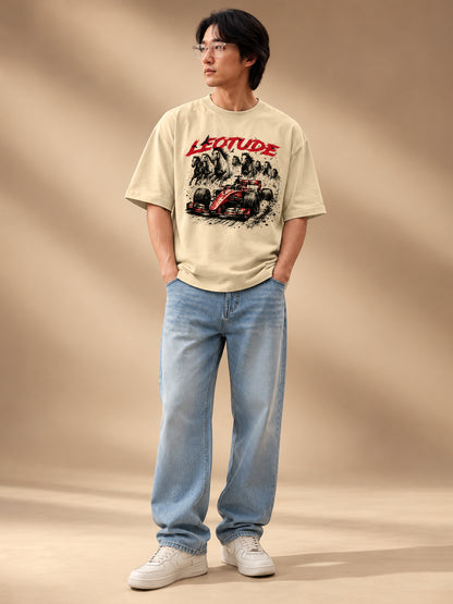 Leotude Men "Racing Stallions" Beige Oversized T-Shirt