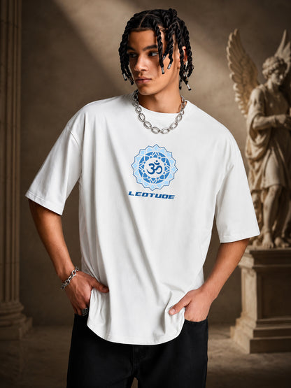 Leotude Men's "Shiv" Trishul Printed T-Shirt — White Oversized Backprint Tee