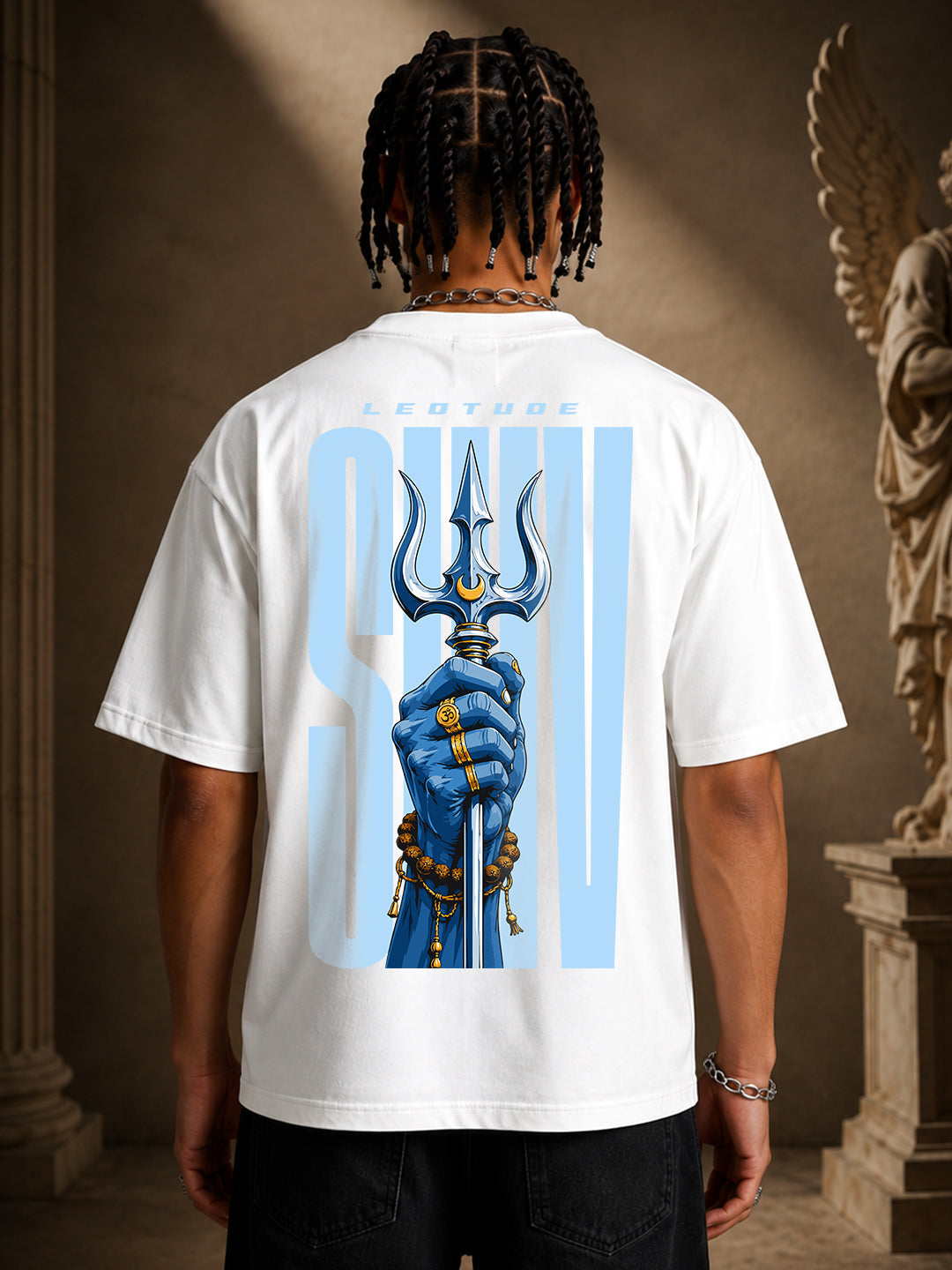 Leotude Men's "Shiv" Trishul Printed T-Shirt — White Oversized Backprint Tee