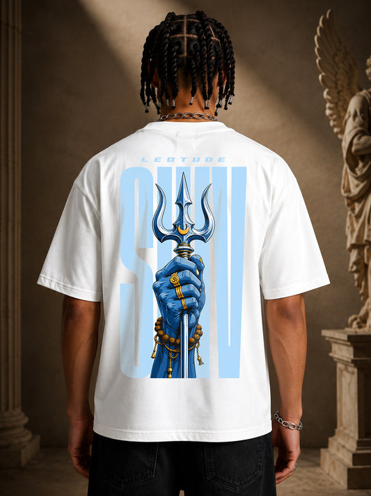Leotude Men's "Shiv" Trishul Printed T-Shirt — White Oversized Backprint Tee