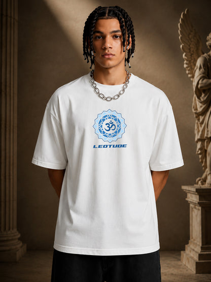 Leotude Men's "Shiv" Trishul Printed T-Shirt — White Oversized Backprint Tee