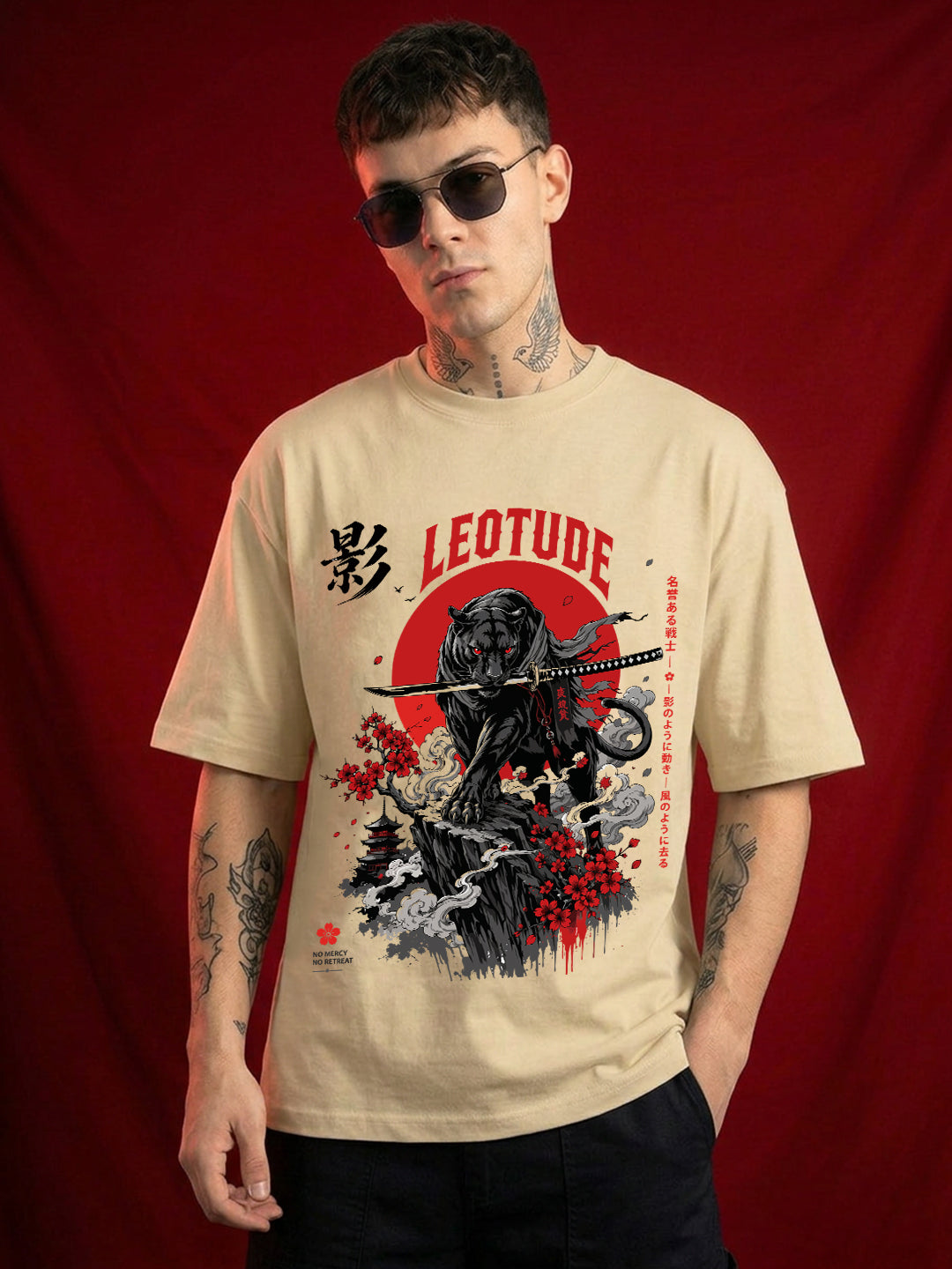 Leotude Men's Samurai Panther Printed T-Shirt — Beige Oversized Graphic Tee