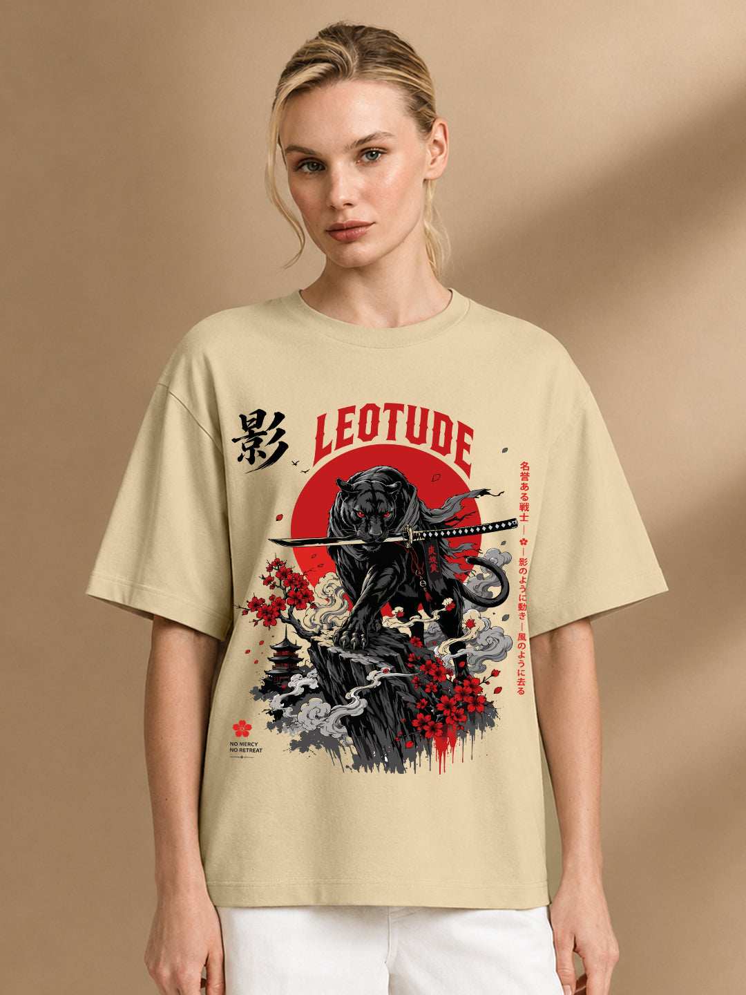 Leotude Women's Samurai Panther Printed T-Shirt — Beige Oversized Graphic Tee