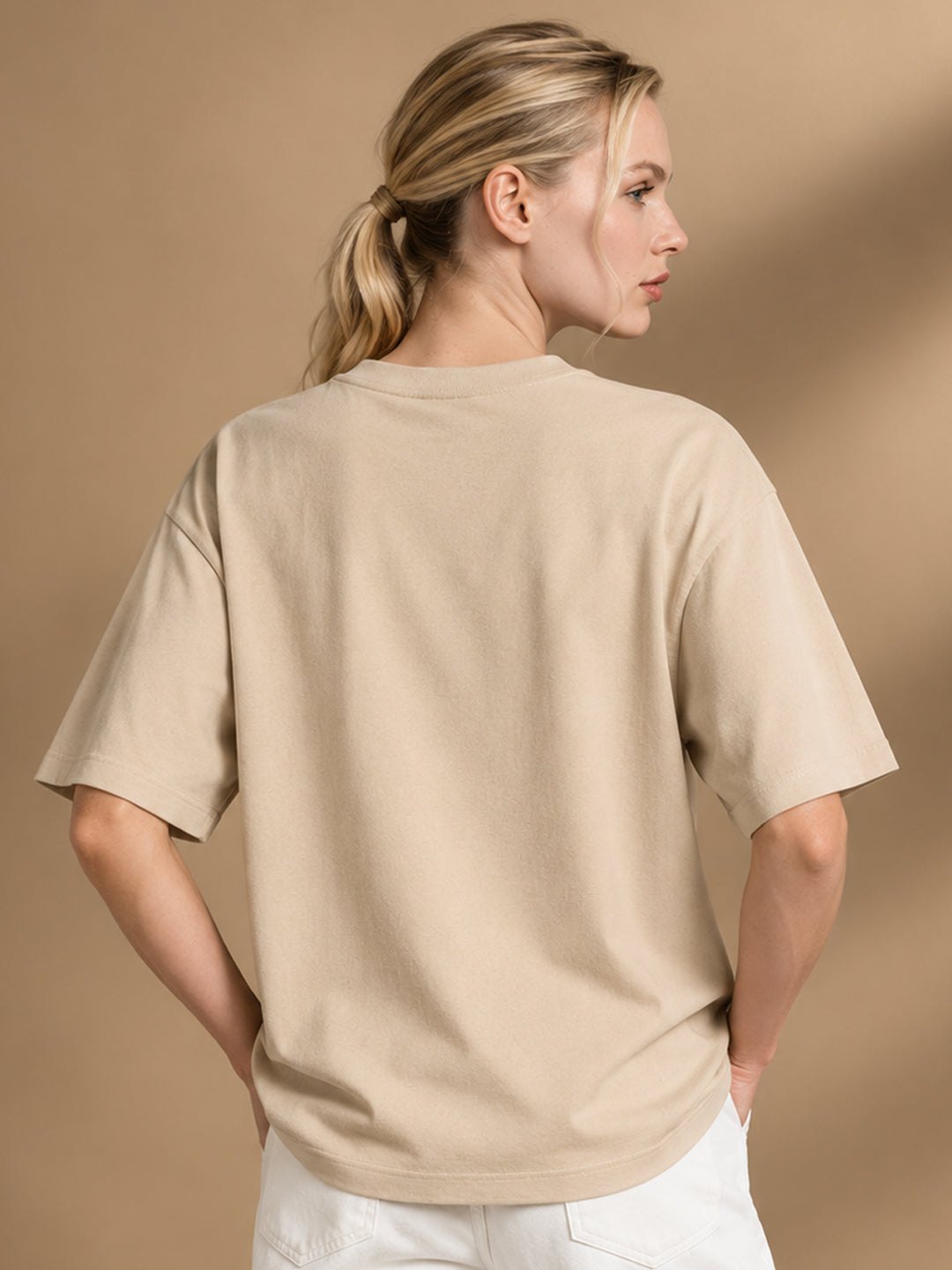 Leotude Women's Samurai Panther Printed T-Shirt — Beige Oversized Graphic Tee