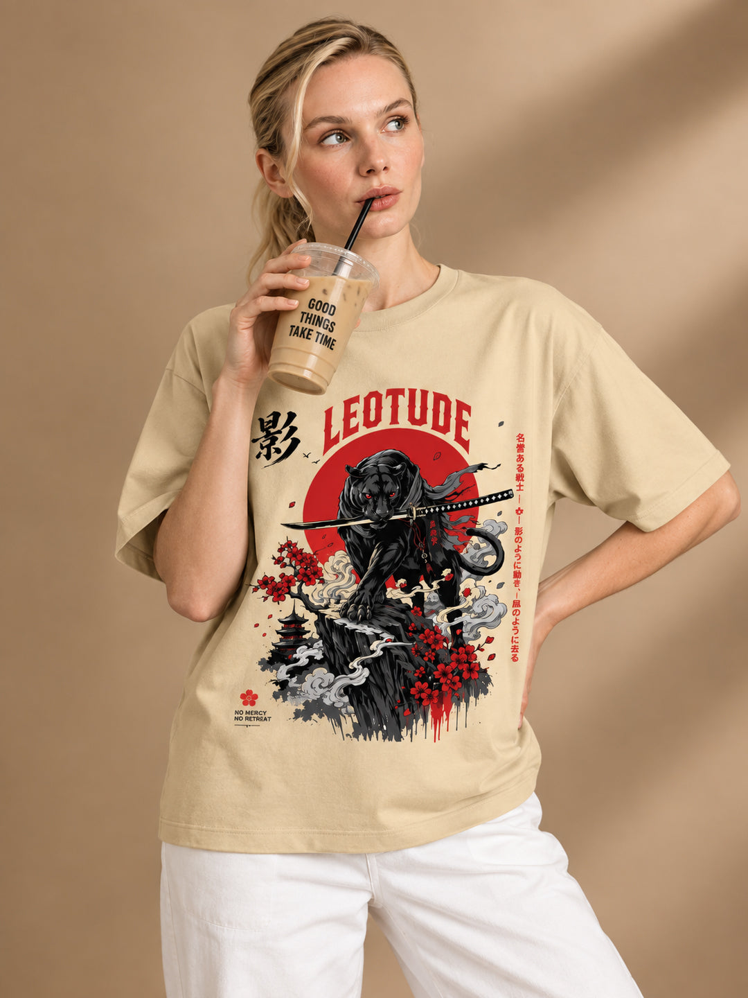 Leotude Women's Samurai Panther Printed T-Shirt — Beige Oversized Graphic Tee
