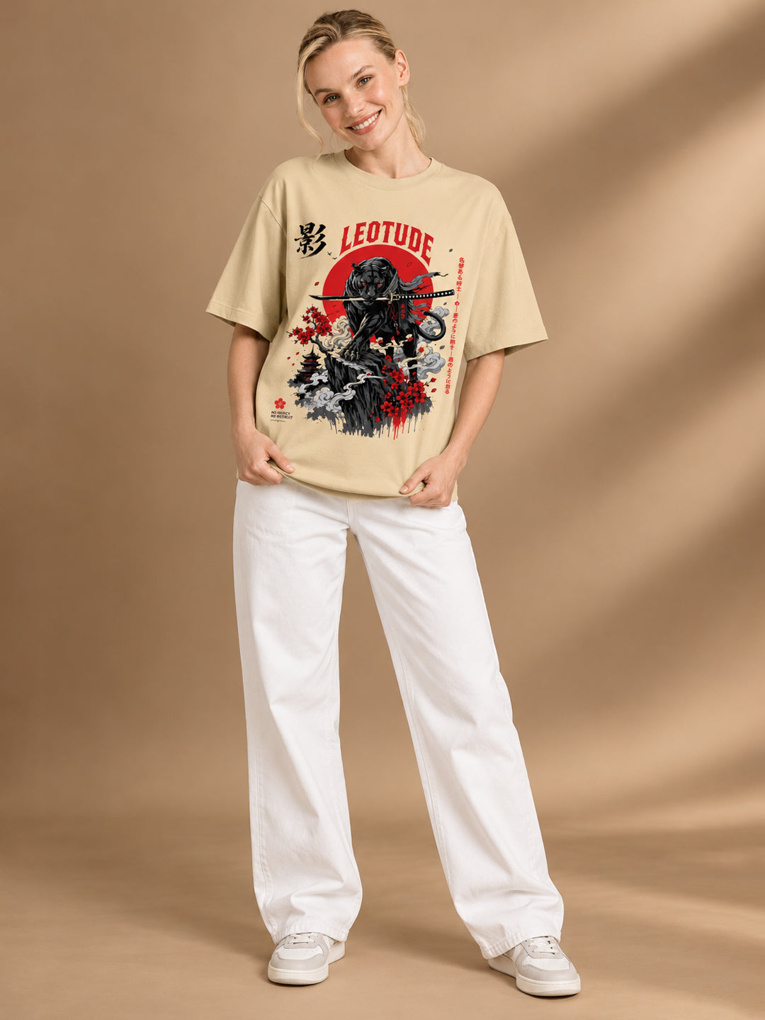 Leotude Women's Samurai Panther Printed T-Shirt — Beige Oversized Graphic Tee